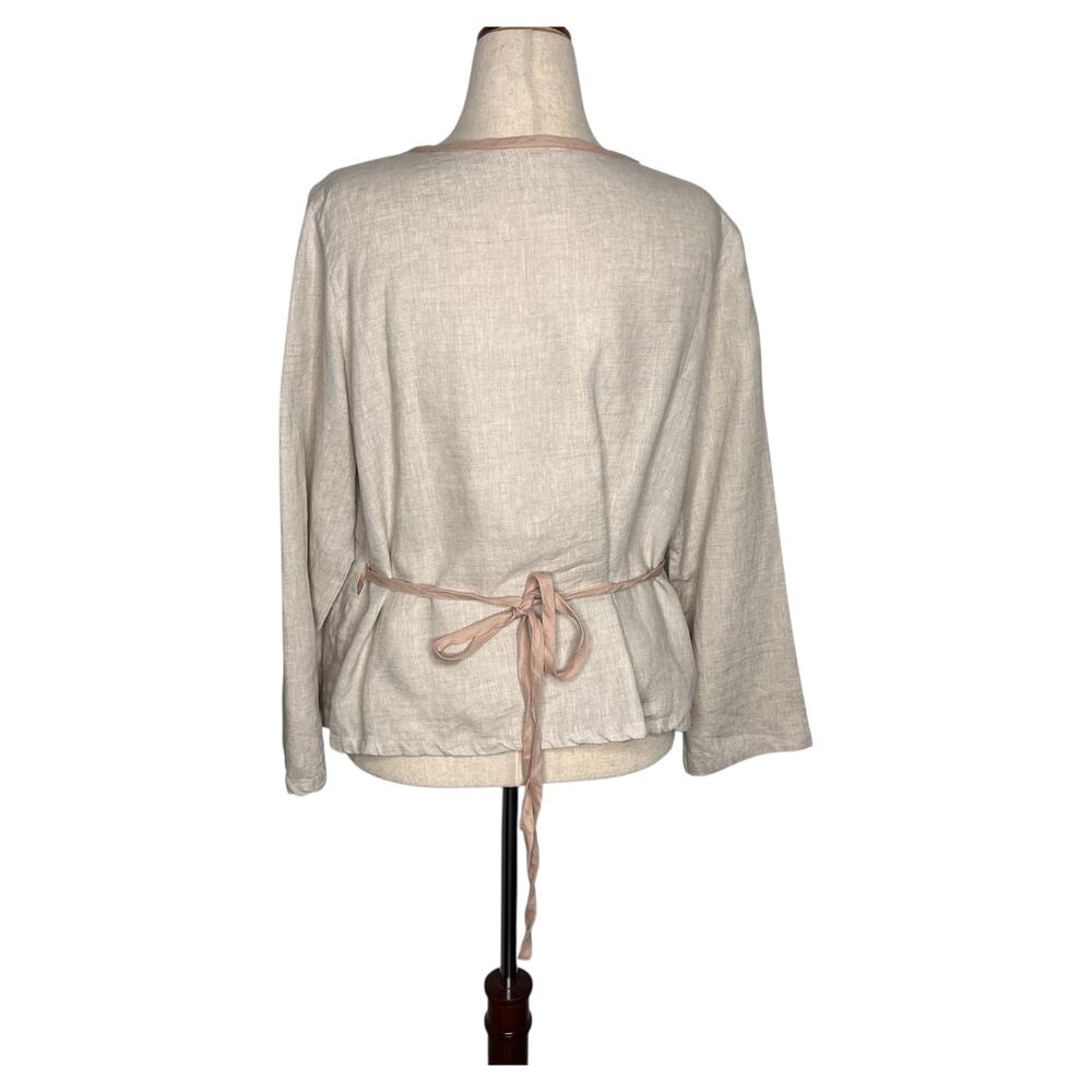 Buykud Women's True Wrap Top L Linen-Like Cotton Oatmeal Lightweight Long Sleeve - Picture 2 of 7